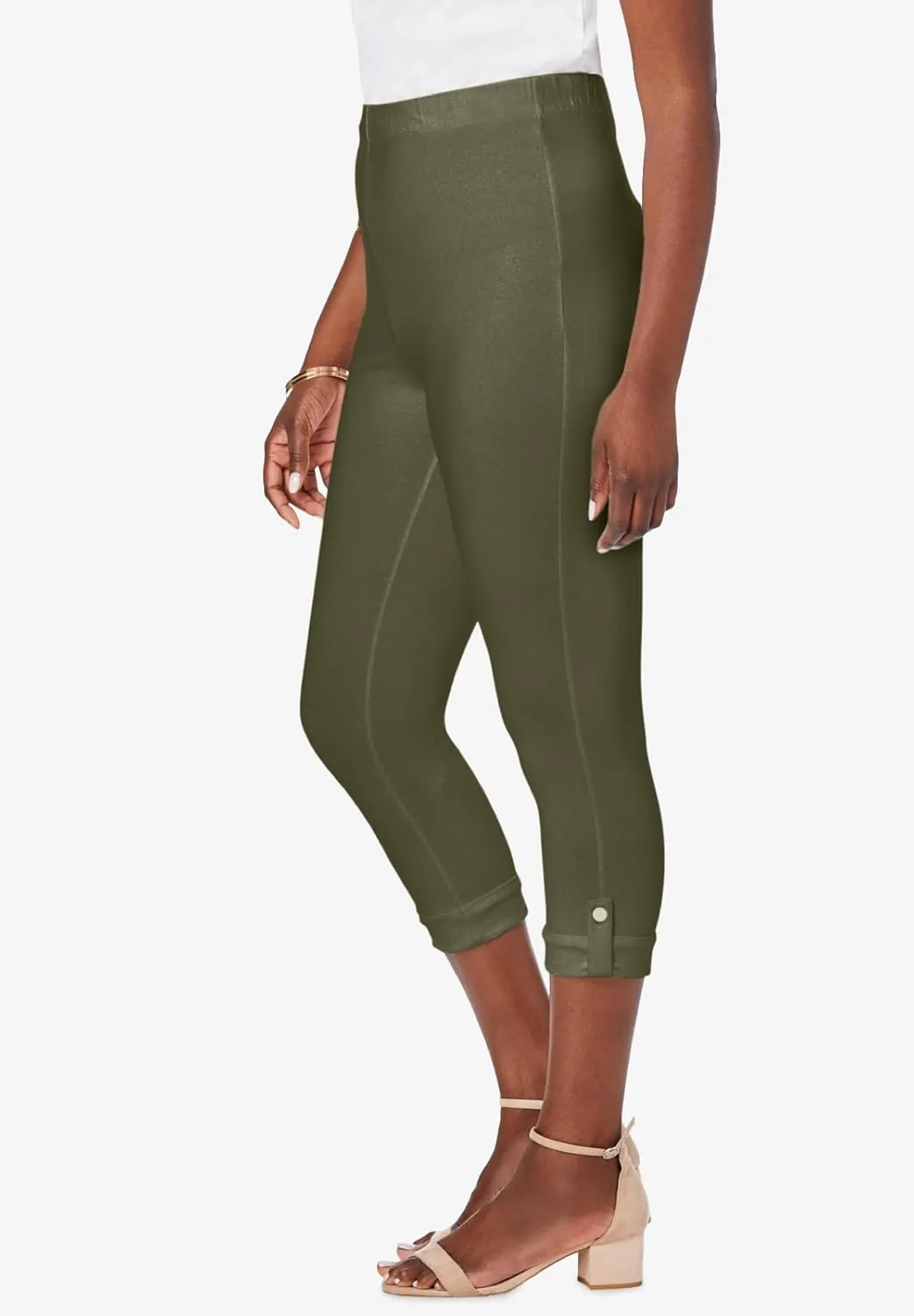 Jessica London Women's Plus Size Stretch Cotton Cuff-Button Capri Legging