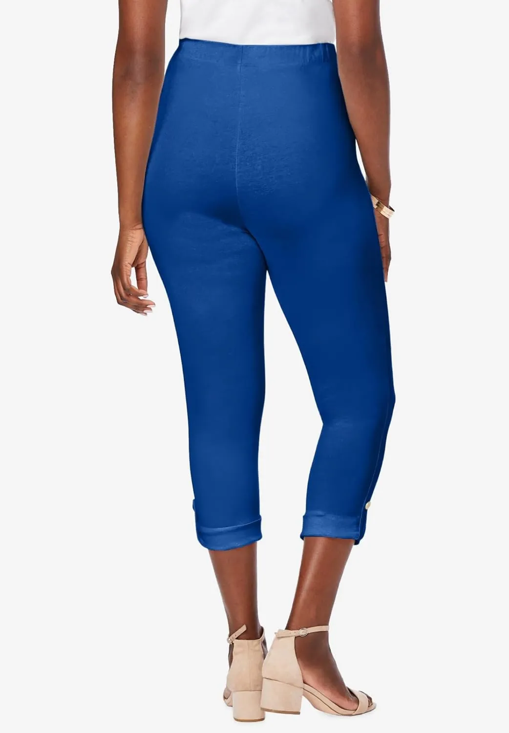 Jessica London Women's Plus Size Stretch Cotton Cuff-Button Capri Legging