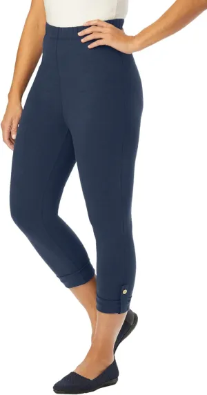 Jessica London Women's Plus Size Stretch Cotton Cuff-Button Capri Legging