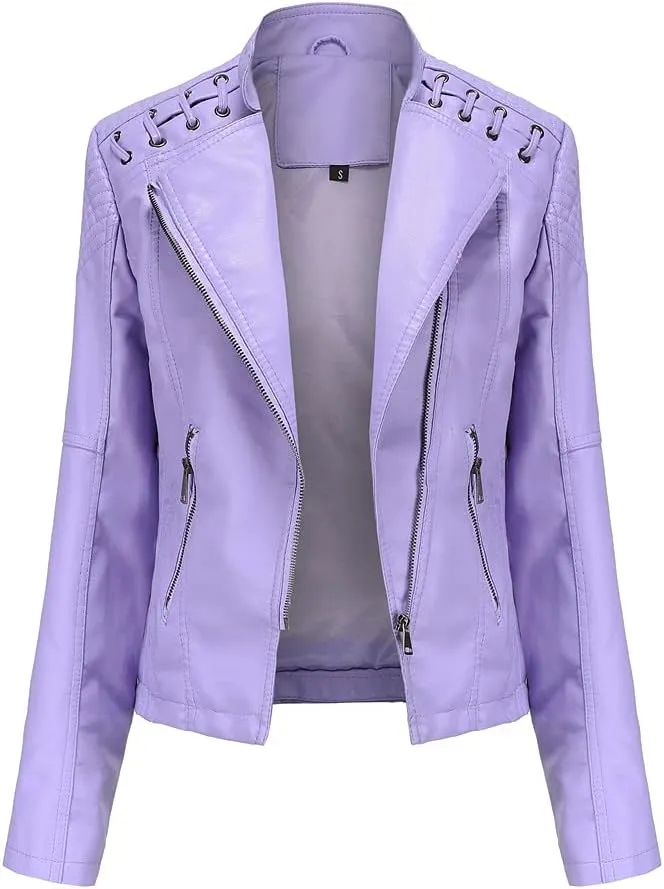 Julymens Women's Faux Leather Motorcycle Jacket Fashion Slim Fit Short Biker Coat