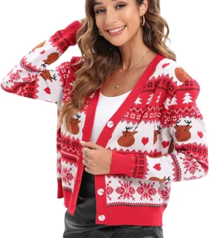 JUOIANTANG Women's Cropped Shrug Leopard Knit Open Front Long Sleeve with Button Down Cover Up Sweater