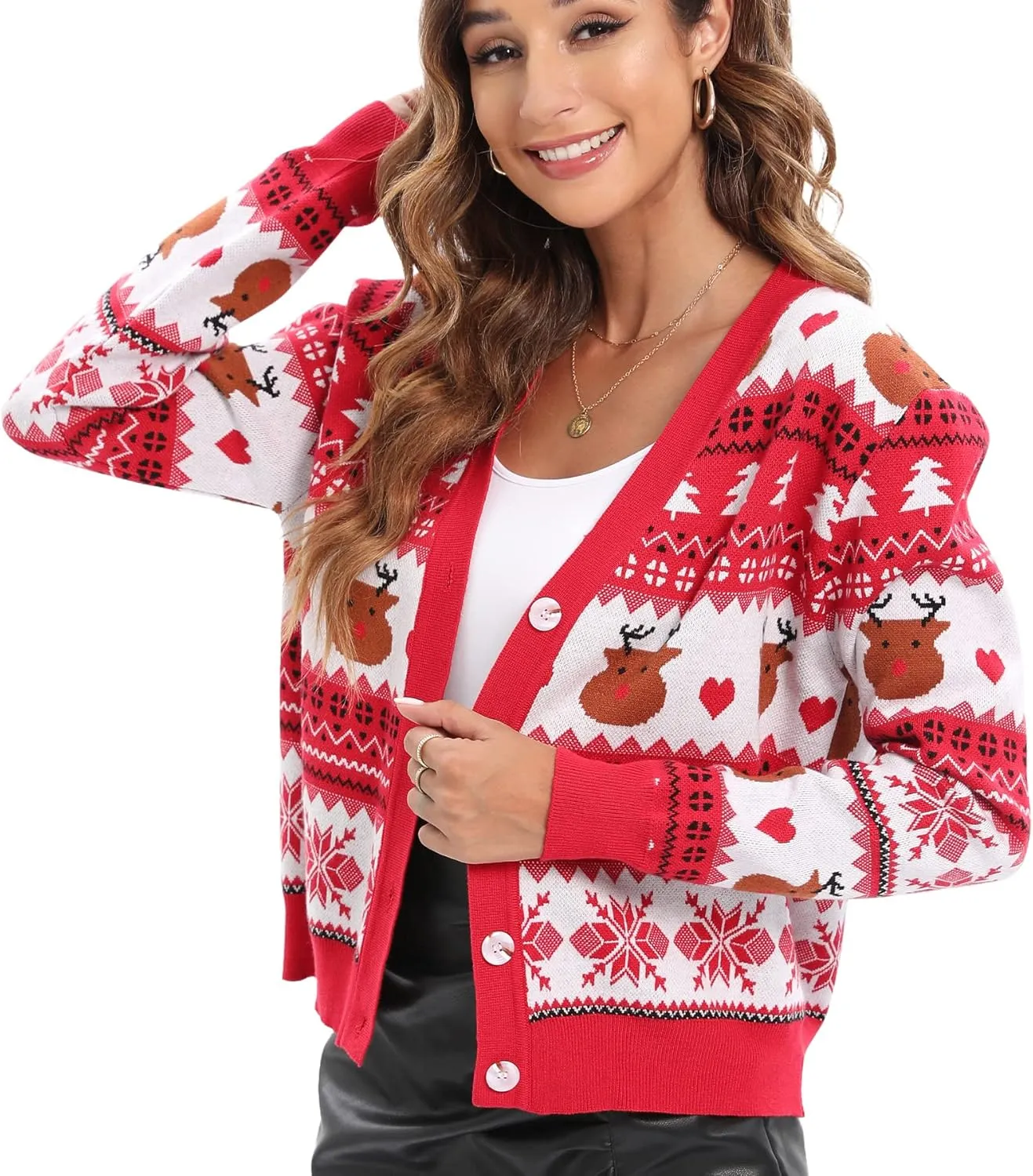 JUOIANTANG Women's Cropped Shrug Leopard Knit Open Front Long Sleeve with Button Down Cover Up Sweater