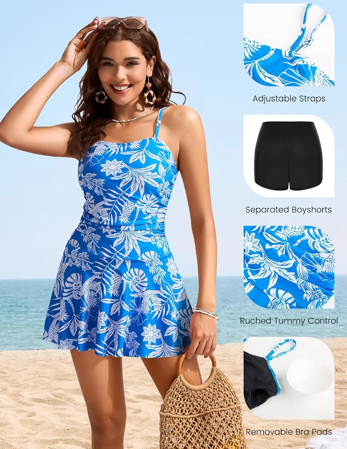 Kate Kasin Women Tummy Control Swimsuit Two Piece Swimdress Adjustable Strap Ruched Tankini Bathing Suits with Boyshorts 2025