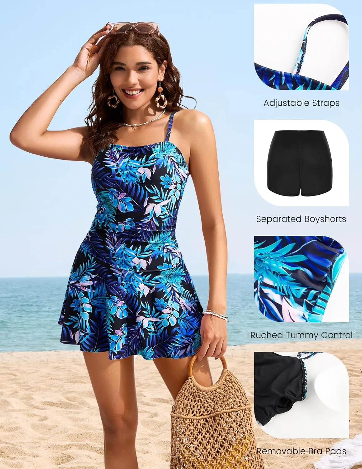 Kate Kasin Women Tummy Control Swimsuit Two Piece Swimdress Adjustable Strap Ruched Tankini Bathing Suits with Boyshorts 2025
