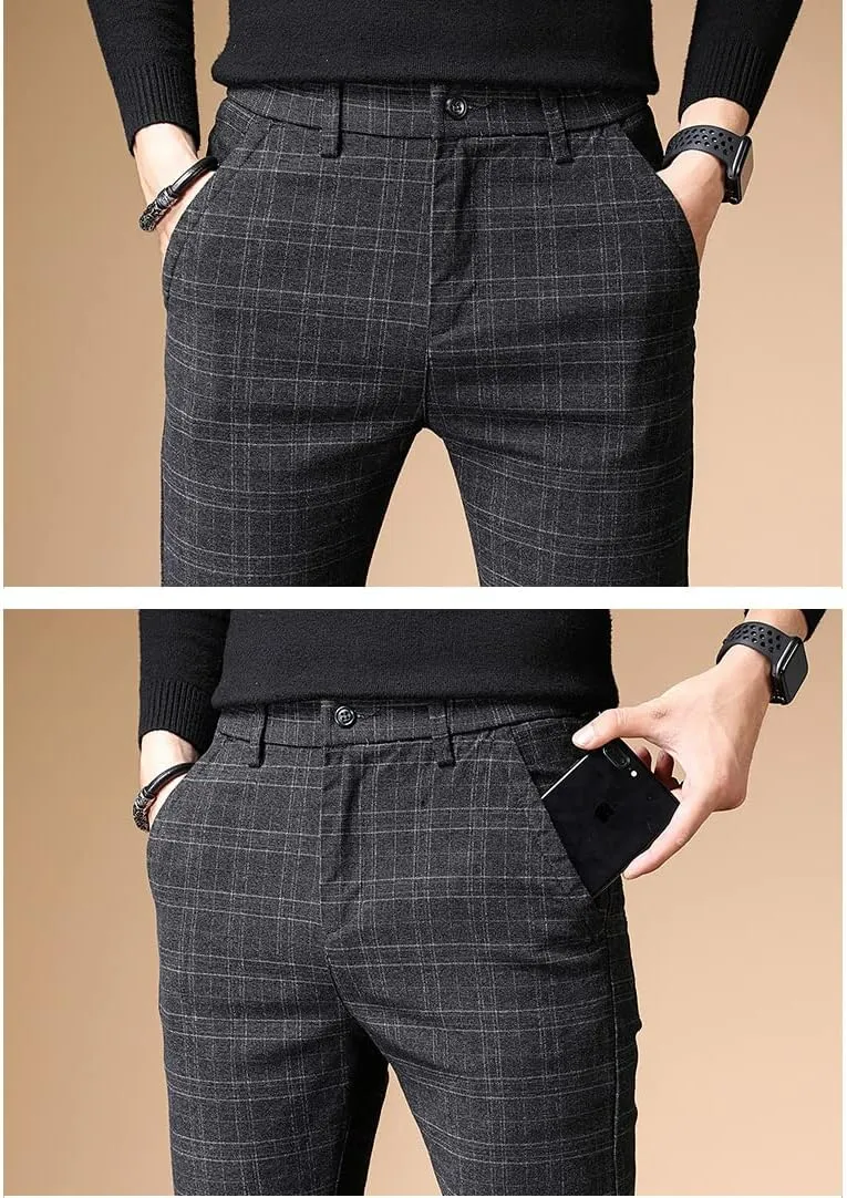 Kinghua Plaid Pants for Men Chinos Pants Stretch Dress Pants for Men Slim Fit