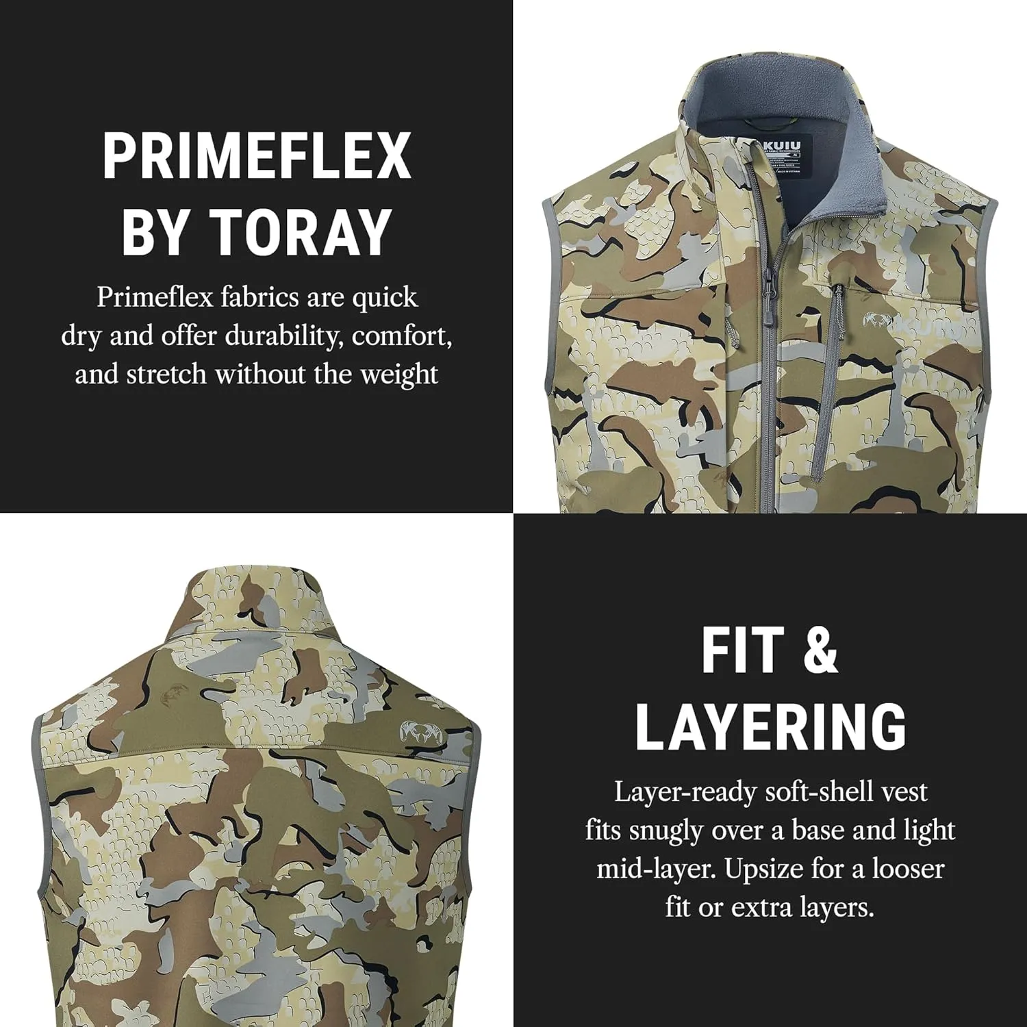 KUIU Guide PRO Vest  Wind & Water-Resistant Soft Shell Hunting Vest, Durable & Quiet with Fleece Lining for Cold Weather