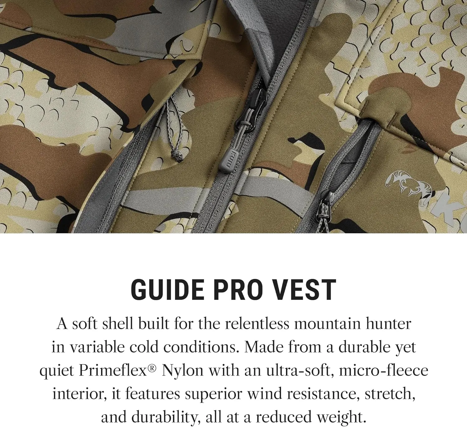 KUIU Guide PRO Vest  Wind & Water-Resistant Soft Shell Hunting Vest, Durable & Quiet with Fleece Lining for Cold Weather