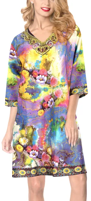 LA LEELA Bikni Swimwear Digital HD Print Tunic Vintage Cover Up Multicolor_A454