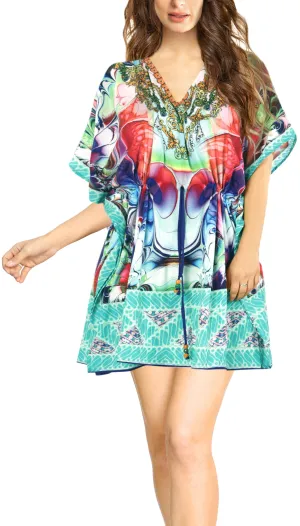 LA LEELA Bikni Swimwear Digital HD Print Tunic Vintage Cover Up Multicolor_D129