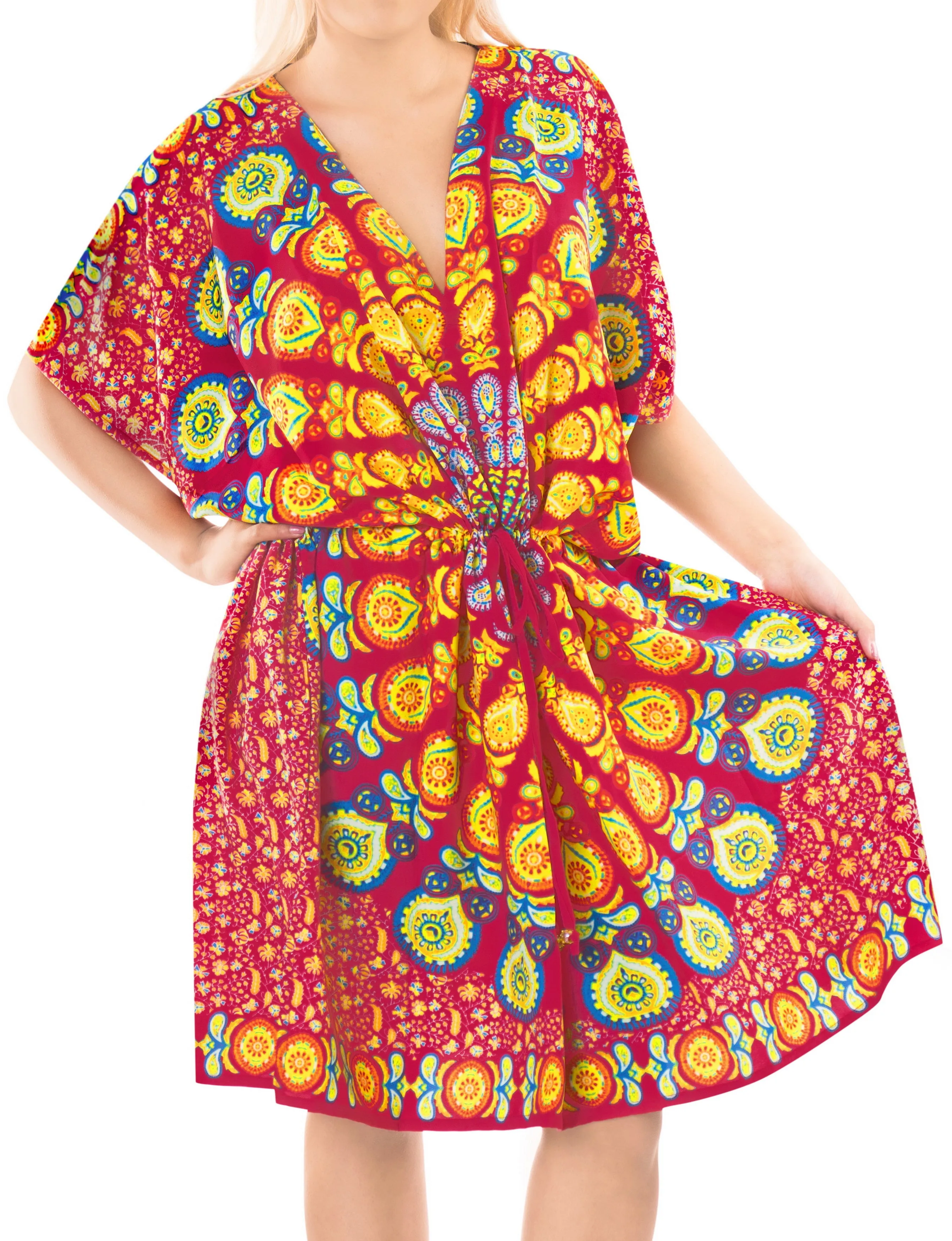 LA LEELA Bikni Swimwear Digital HD Print Tunic Vintage Cover Up Yellow_K820