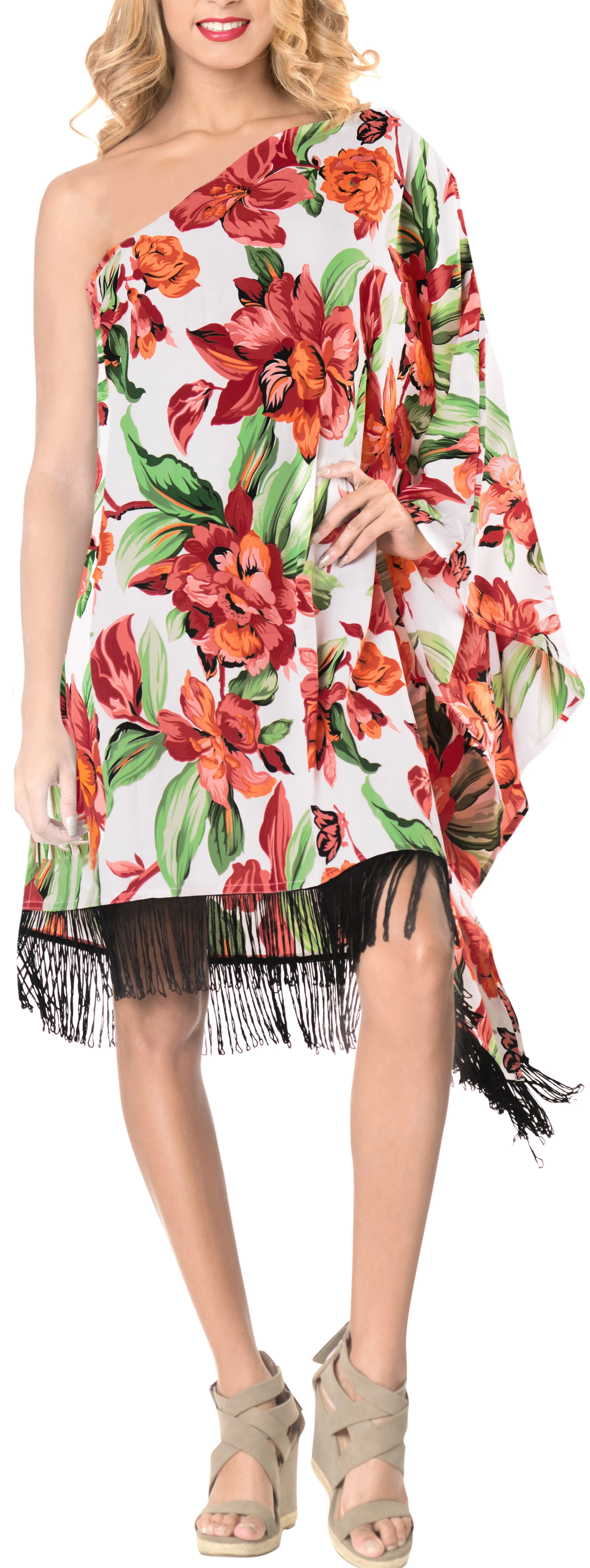 LA LEELA Bikni Swimwear Soft fabric Printed Beachwear Loose Cover Up OSFM 8-14 [M- L] Blood Red_A421