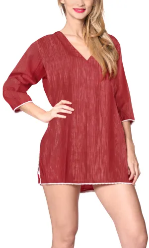 LA LEELA Chiffon Solid Sundress Womens Cover Up OSFM 20-22 [ 1X]Blood Red_A592