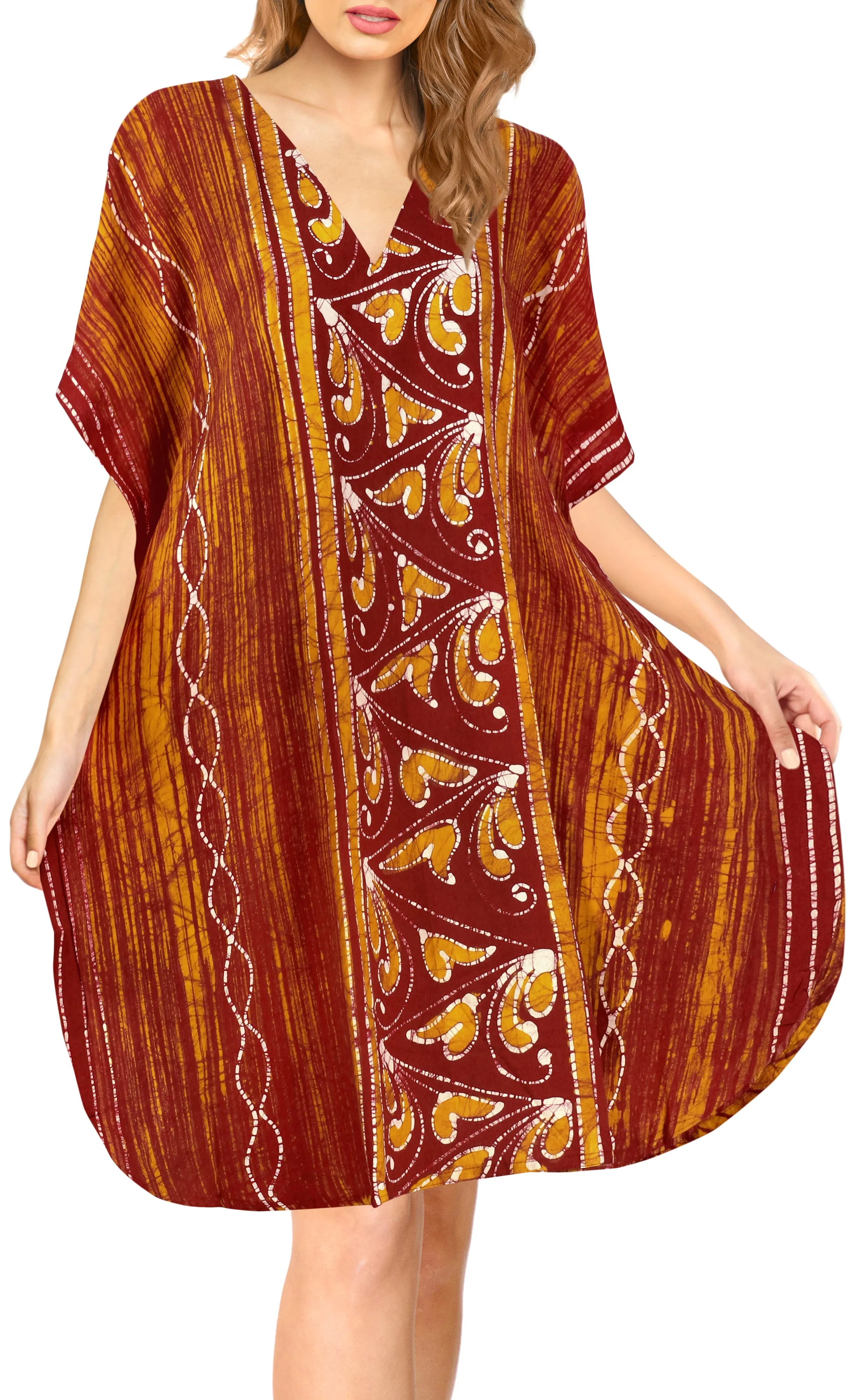 LA LEELA Cotton Batik Short Caftan Vacation Top OSFM 14-18W [L- 2X] Pumpkin Orange_A641