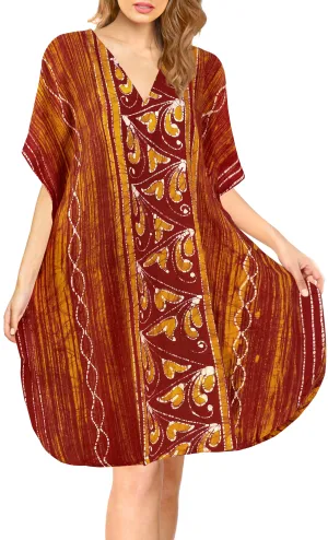 LA LEELA Cotton Batik Short Caftan Vacation Top OSFM 14-18W [L- 2X] Pumpkin Orange_A641