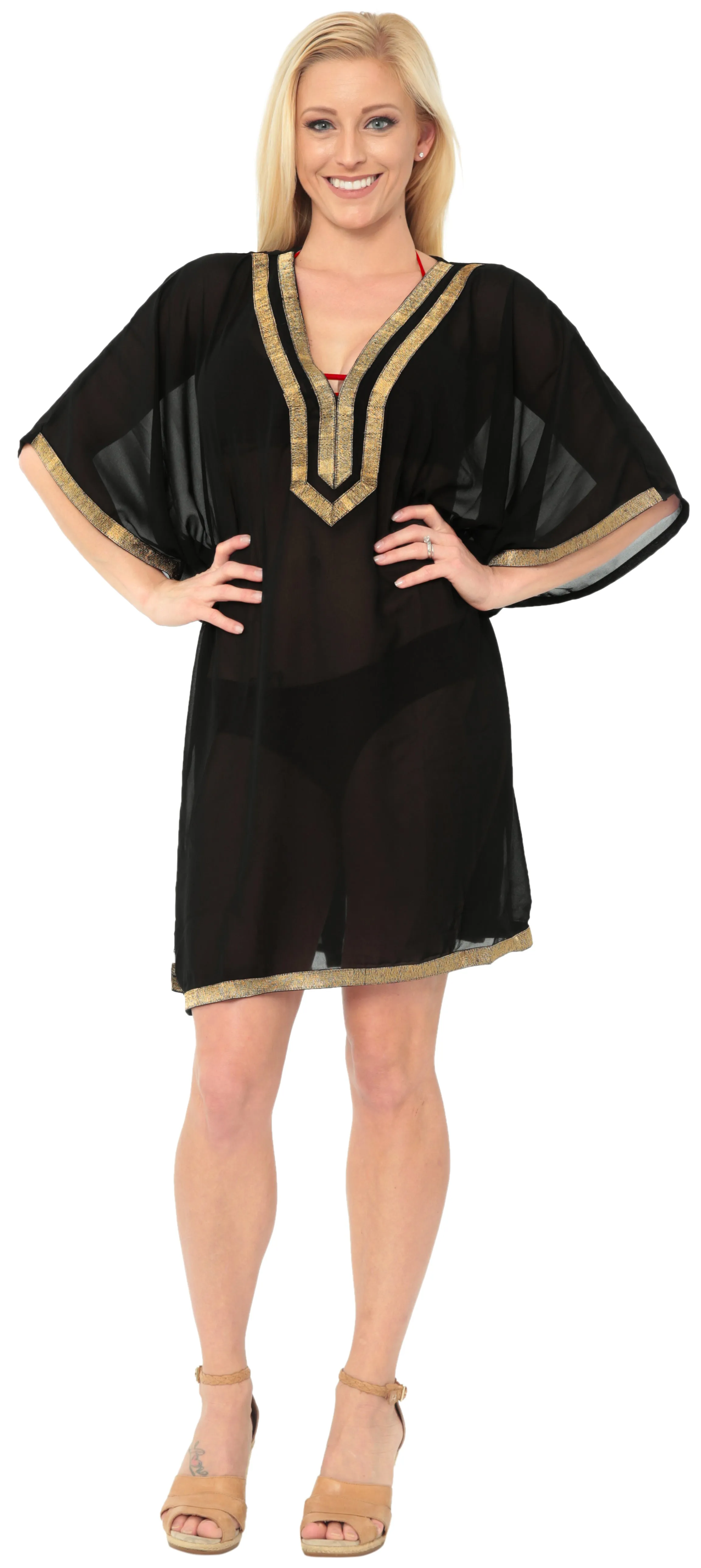 LA LEELA Swimwear Chiffon Solid Bikini Cover Up Swimsuit OSFM 8-14 [M-L] Black_6375
