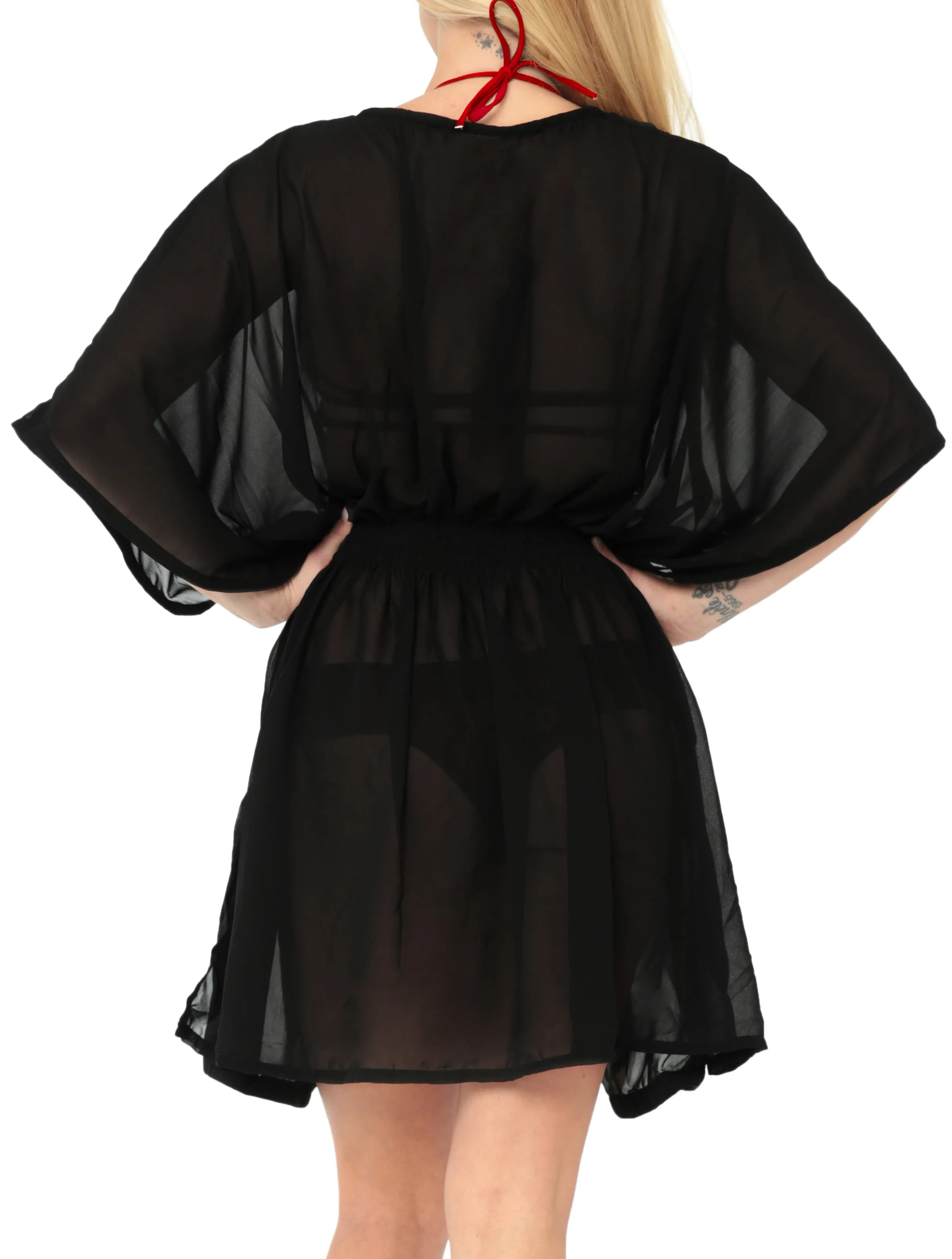 LA LEELA Swimwear Chiffon Solid Bikini Cover Up Swimsuit OSFM 8-14 [M-L] Black_6375