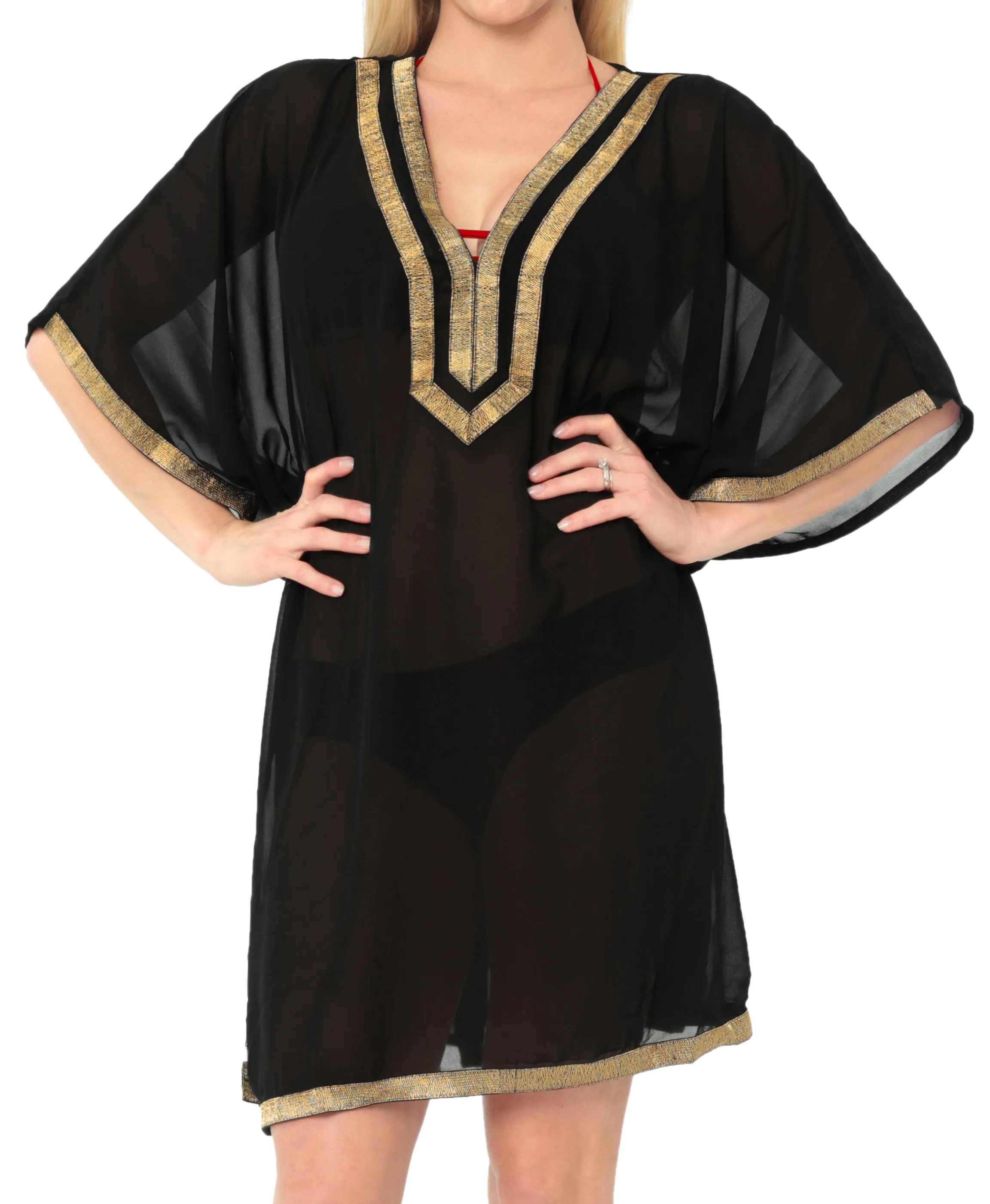 LA LEELA Swimwear Chiffon Solid Bikini Cover Up Swimsuit OSFM 8-14 [M-L] Black_6375