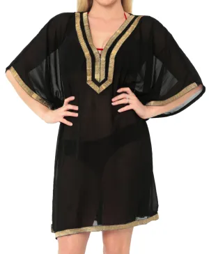 LA LEELA Swimwear Chiffon Solid Bikini Cover Up Swimsuit OSFM 8-14 [M-L] Black_6375