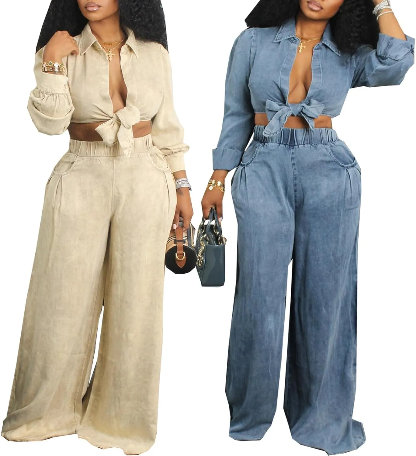 LAJIOJIO Women Denim Cargo 2 Piece Wide Leg Pants Sets, Long Sleeve Tie Front Crop Tops and High Waist Pants Loungewear