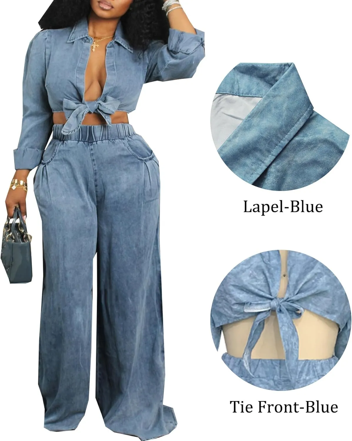 LAJIOJIO Women Denim Cargo 2 Piece Wide Leg Pants Sets, Long Sleeve Tie Front Crop Tops and High Waist Pants Loungewear