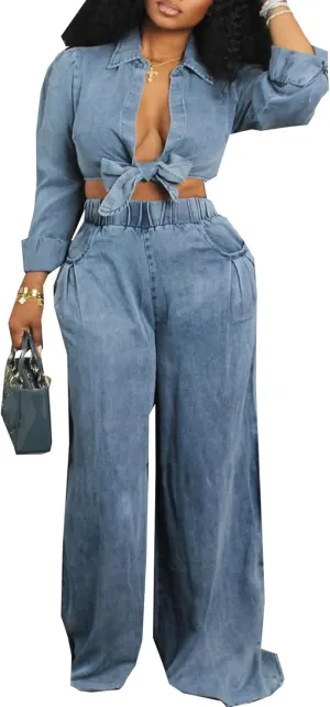 LAJIOJIO Women Denim Cargo 2 Piece Wide Leg Pants Sets, Long Sleeve Tie Front Crop Tops and High Waist Pants Loungewear