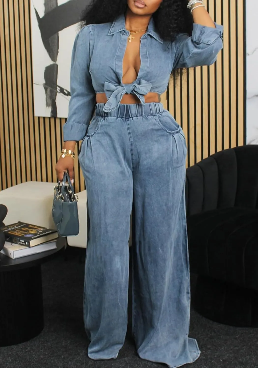 LAJIOJIO Women Denim Cargo 2 Piece Wide Leg Pants Sets, Long Sleeve Tie Front Crop Tops and High Waist Pants Loungewear