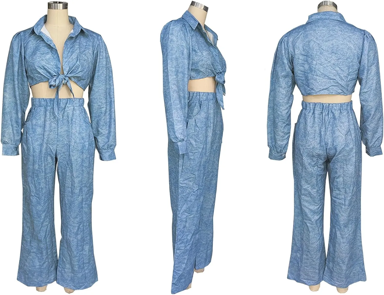 LAJIOJIO Women Denim Cargo 2 Piece Wide Leg Pants Sets, Long Sleeve Tie Front Crop Tops and High Waist Pants Loungewear