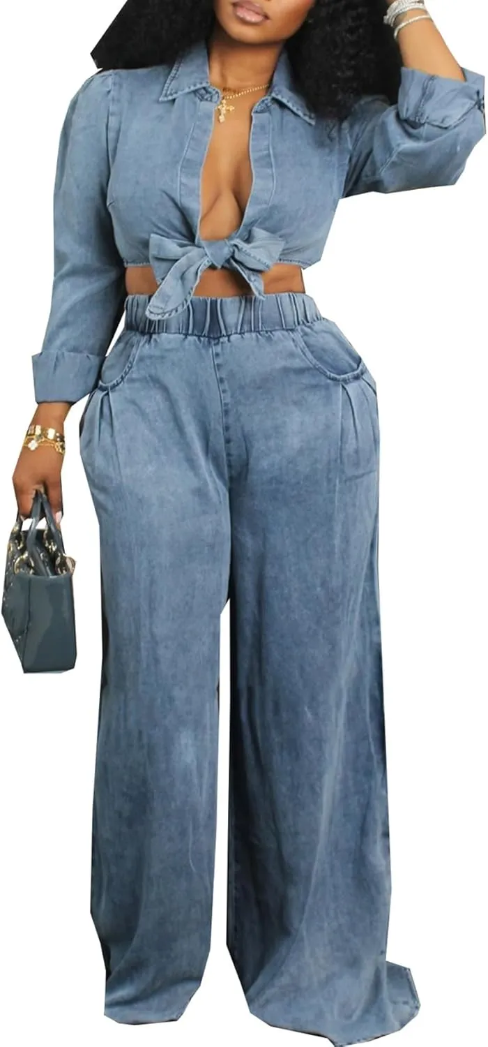 LAJIOJIO Women Denim Cargo 2 Piece Wide Leg Pants Sets, Long Sleeve Tie Front Crop Tops and High Waist Pants Loungewear
