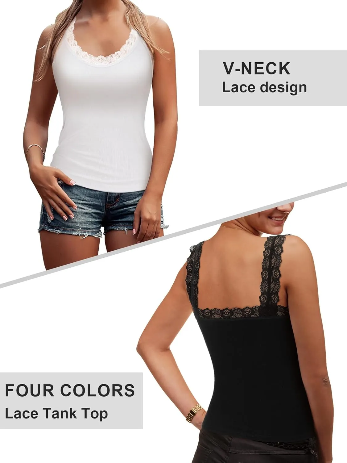 Lasnten 4 Pieces Lace Camisole Tank Tops for Women Ribbed Cami Top Lacework Undershirt Patchwork Tank Lace Trim Cami