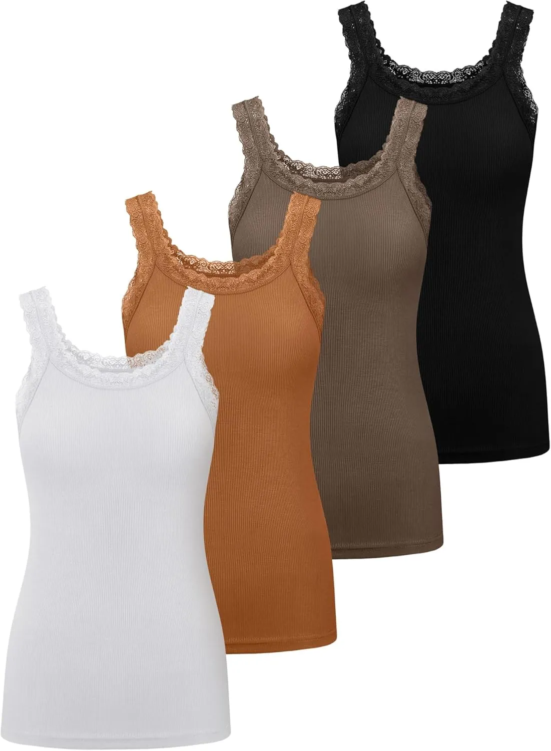 Lasnten 4 Pieces Lace Camisole Tank Tops for Women Ribbed Cami Top Lacework Undershirt Patchwork Tank Lace Trim Cami
