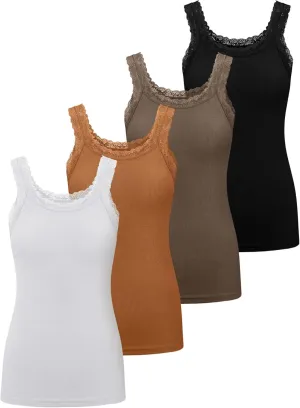 Lasnten 4 Pieces Lace Camisole Tank Tops for Women Ribbed Cami Top Lacework Undershirt Patchwork Tank Lace Trim Cami