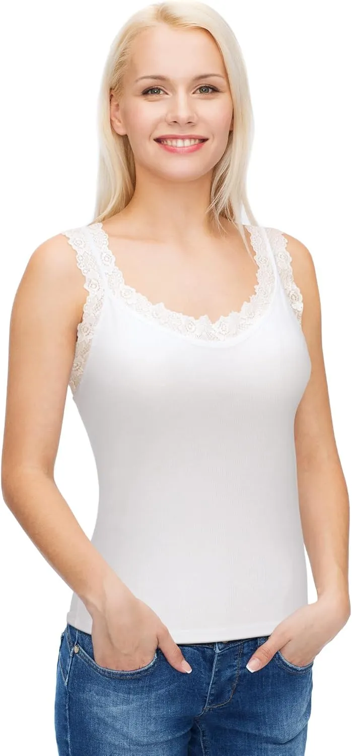 Lasnten 4 Pieces Lace Camisole Tank Tops for Women Ribbed Cami Top Lacework Undershirt Patchwork Tank Lace Trim Cami