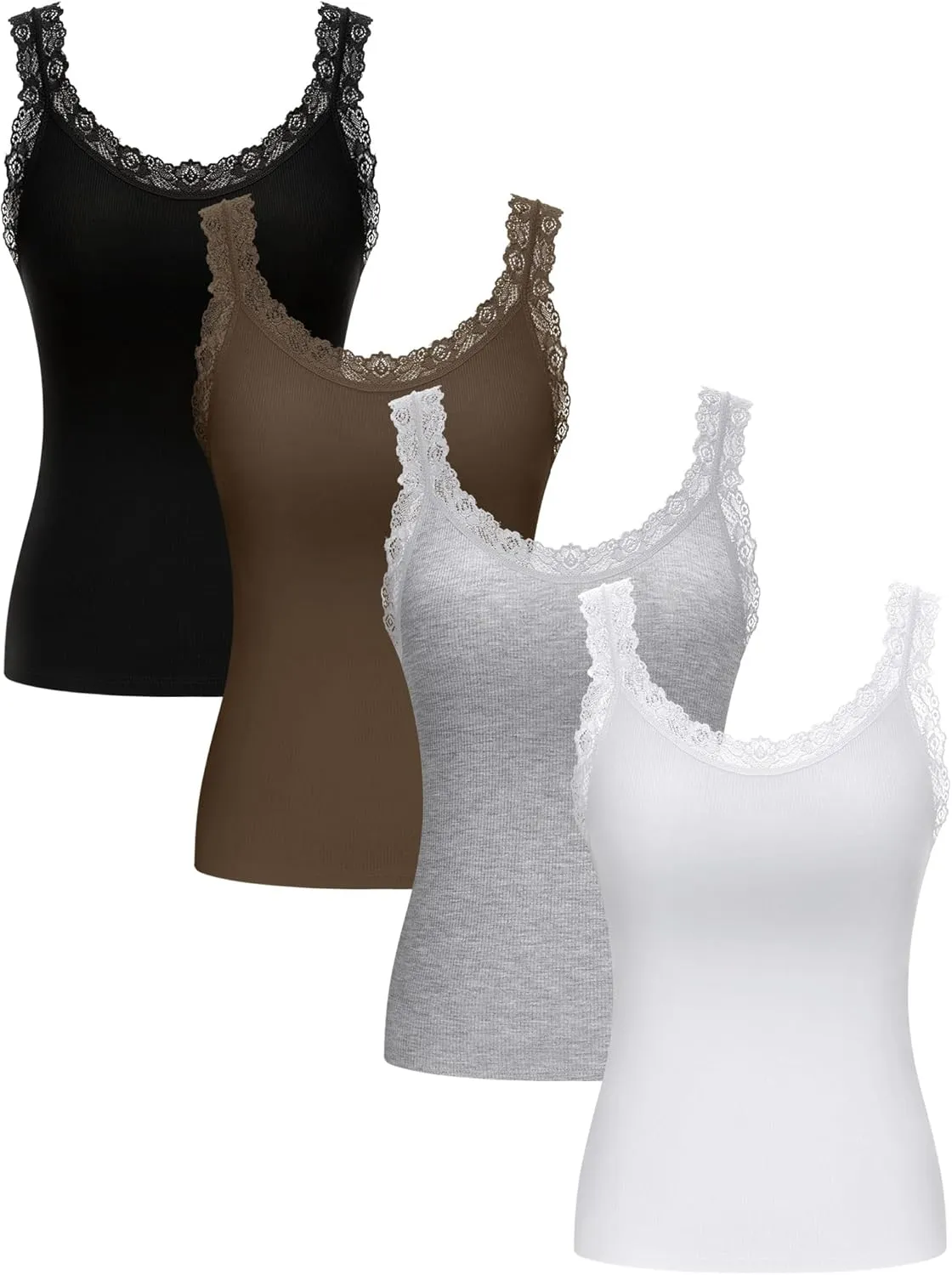 Lasnten 4 Pieces Lace Camisole Tank Tops for Women Ribbed Cami Top Lacework Undershirt Patchwork Tank Lace Trim Cami