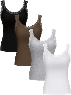 Lasnten 4 Pieces Lace Camisole Tank Tops for Women Ribbed Cami Top Lacework Undershirt Patchwork Tank Lace Trim Cami