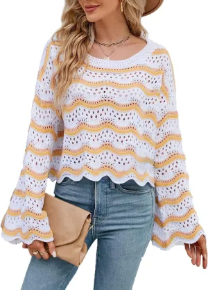 Lemon Girl Hollow Out Knit Stripe Sweaters Tops Dolman Sleeves Pullovers Loose Pullover Top