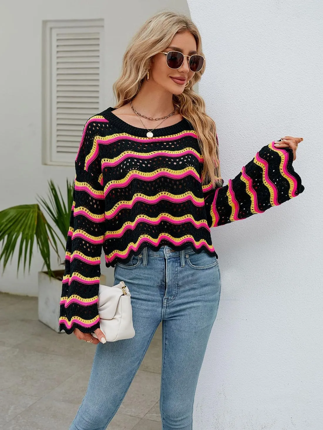 Lemon Girl Hollow Out Knit Stripe Sweaters Tops Dolman Sleeves Pullovers Loose Pullover Top