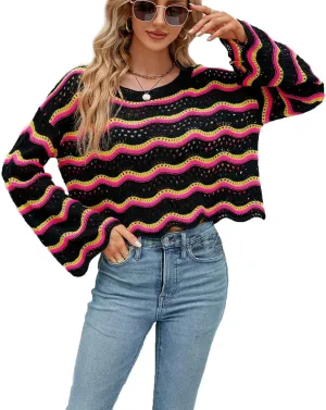 Lemon Girl Hollow Out Knit Stripe Sweaters Tops Dolman Sleeves Pullovers Loose Pullover Top