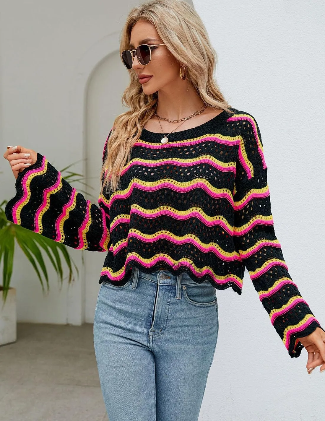 Lemon Girl Hollow Out Knit Stripe Sweaters Tops Dolman Sleeves Pullovers Loose Pullover Top