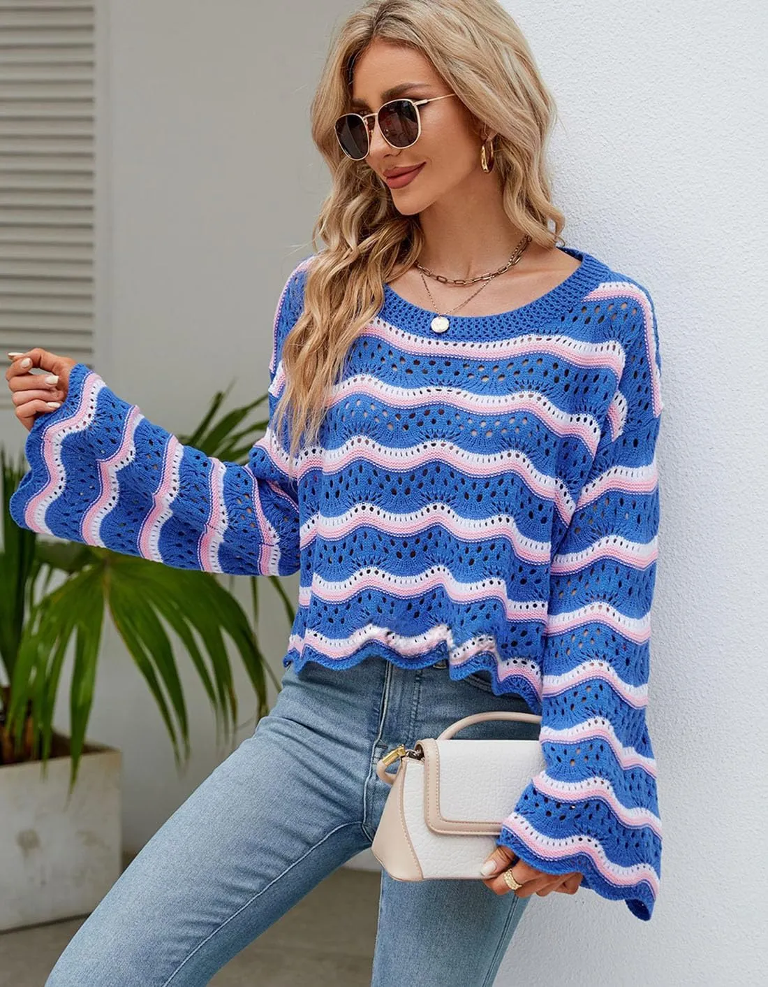 Lemon Girl Hollow Out Knit Stripe Sweaters Tops Dolman Sleeves Pullovers Loose Pullover Top