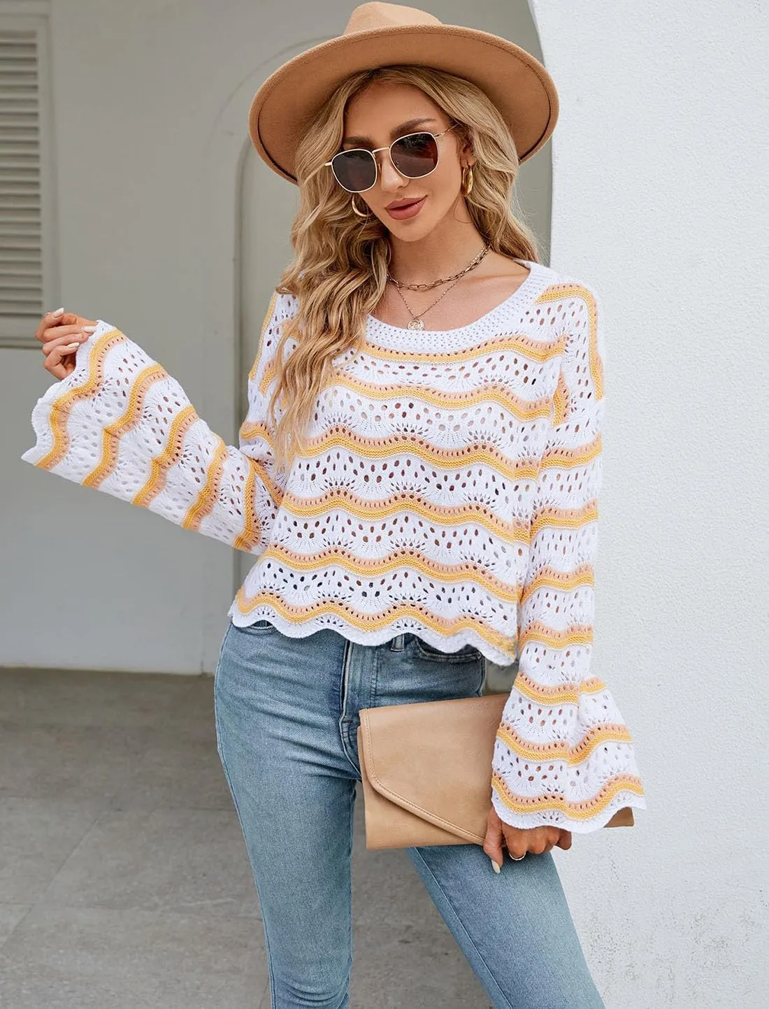 Lemon Girl Hollow Out Knit Stripe Sweaters Tops Dolman Sleeves Pullovers Loose Pullover Top