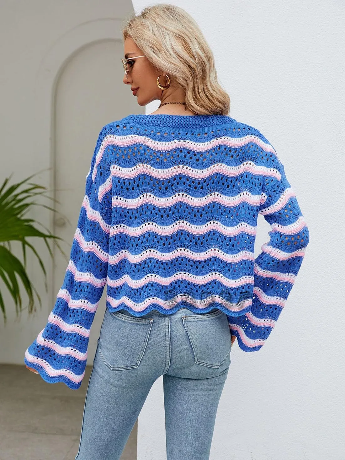 Lemon Girl Hollow Out Knit Stripe Sweaters Tops Dolman Sleeves Pullovers Loose Pullover Top