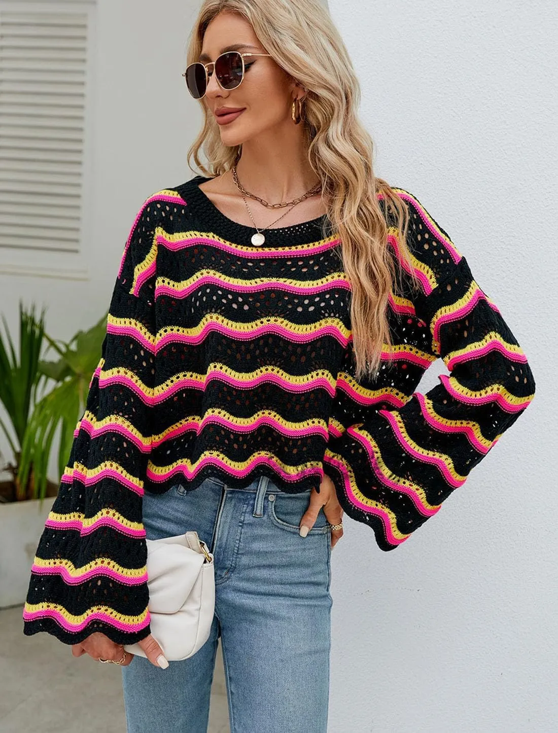 Lemon Girl Hollow Out Knit Stripe Sweaters Tops Dolman Sleeves Pullovers Loose Pullover Top