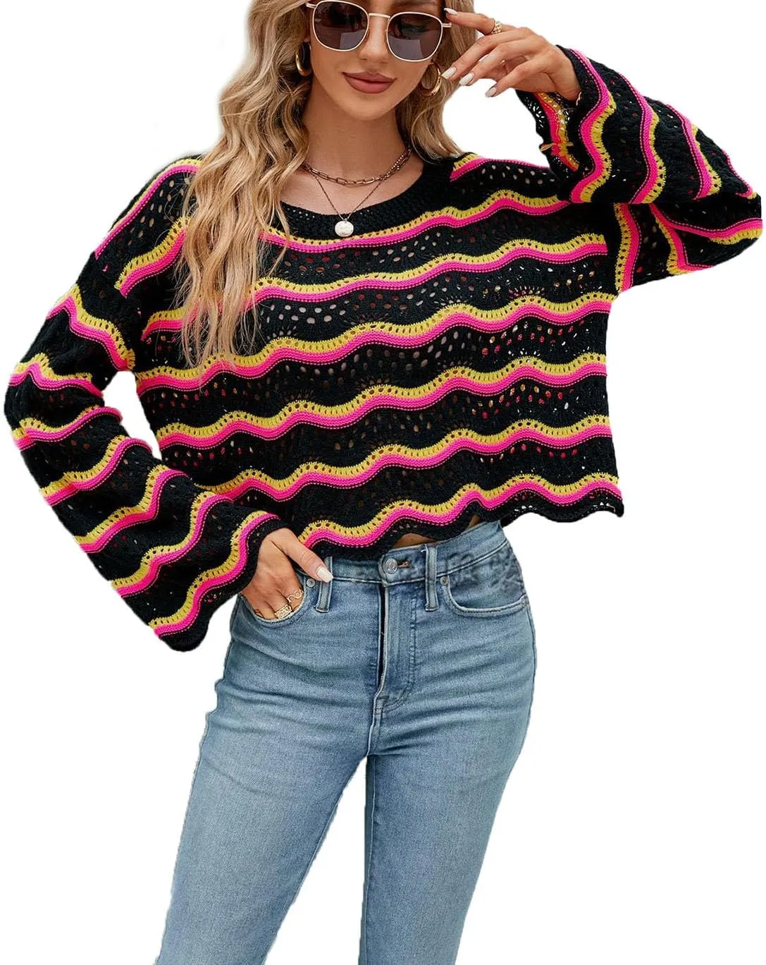 Lemon Girl Hollow Out Knit Stripe Sweaters Tops Dolman Sleeves Pullovers Loose Pullover Top