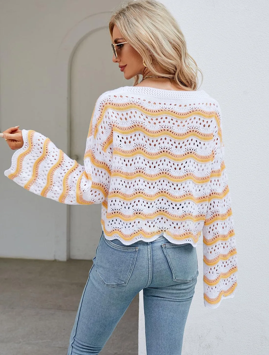 Lemon Girl Hollow Out Knit Stripe Sweaters Tops Dolman Sleeves Pullovers Loose Pullover Top