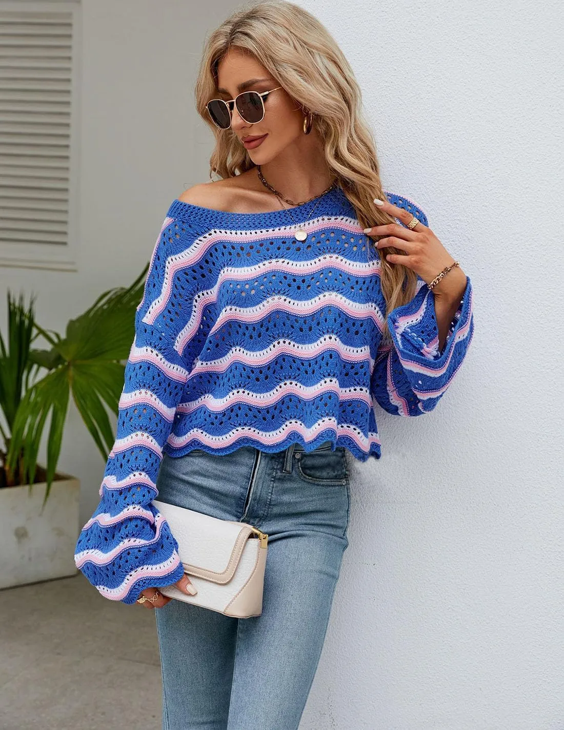 Lemon Girl Hollow Out Knit Stripe Sweaters Tops Dolman Sleeves Pullovers Loose Pullover Top