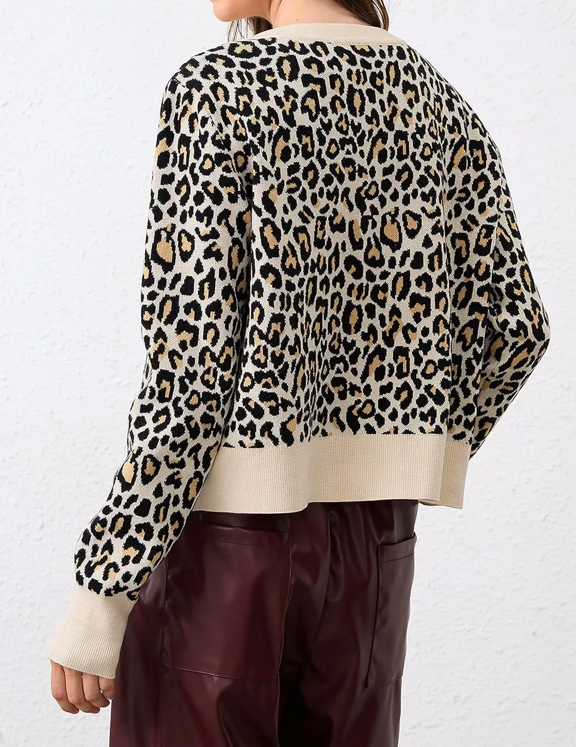 Leopard Cardigan Open Front Button Up Sweaters for Women Long Sleeve Shrug Cheetah Print Top Cropped Cardigan Jackets