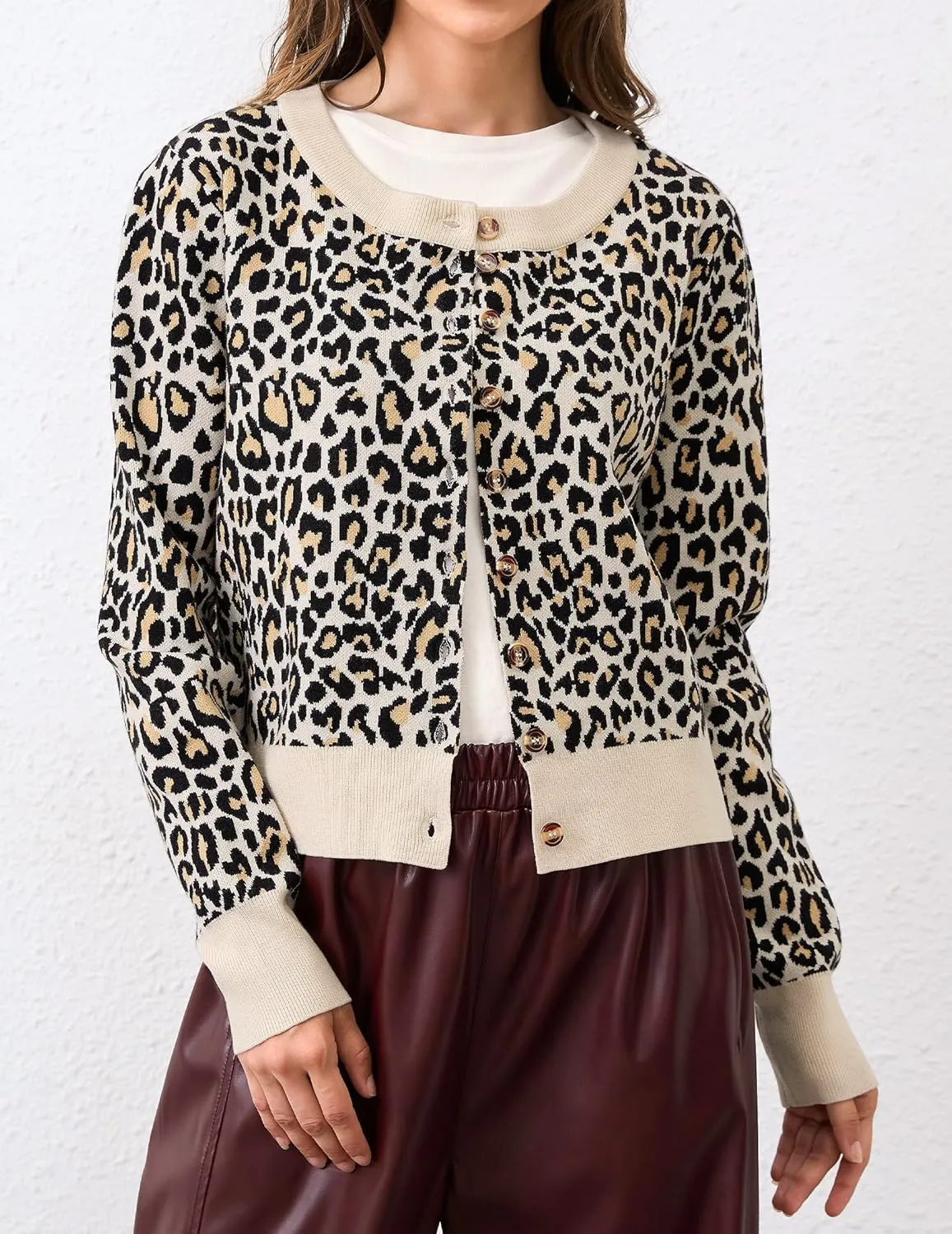 Leopard Cardigan Open Front Button Up Sweaters for Women Long Sleeve Shrug Cheetah Print Top Cropped Cardigan Jackets