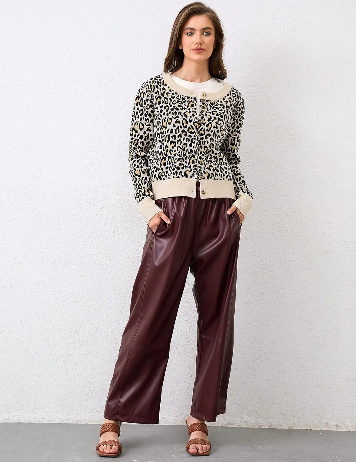 Leopard Cardigan Open Front Button Up Sweaters for Women Long Sleeve Shrug Cheetah Print Top Cropped Cardigan Jackets