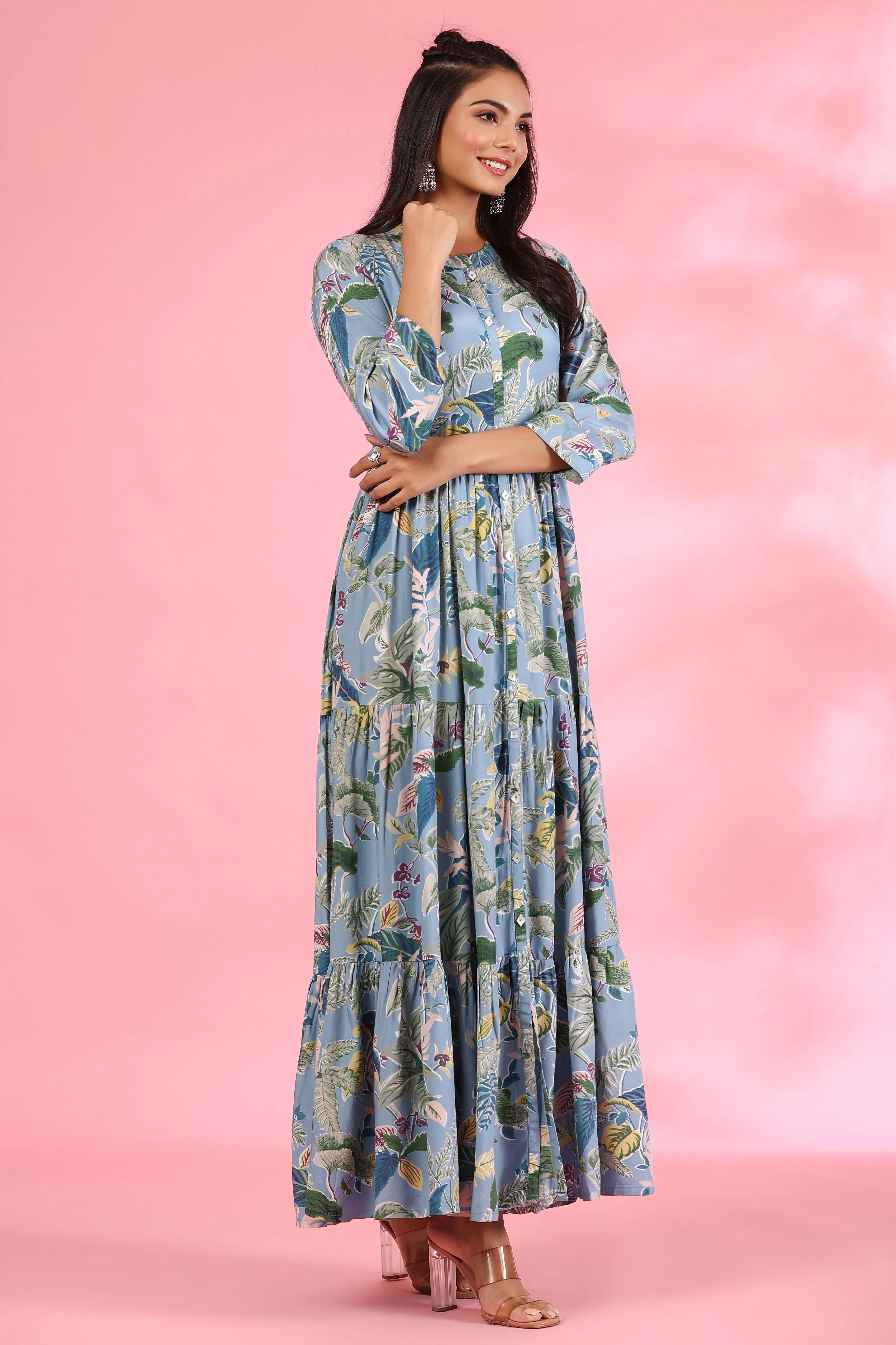 Light Blue Amber On Silk Maxi Dress