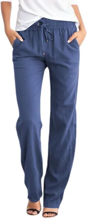 Linen Palazzo Pants for Women Casual Summer Pants with Pockets Stretch Cotton Wide Leg Drawstring Pants Plus Size Yoga Pants